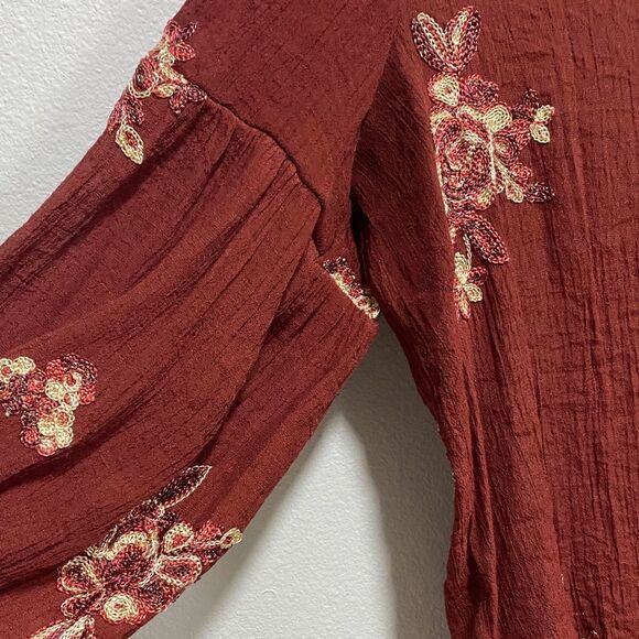 Fig & Flower Anthropologie Rust Embroidered Boho Blouse Size L - Picture 5 of 12